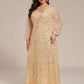 Plus Size V-Neck Lantern Long Sleeve Sequin A-Line Evening Dress