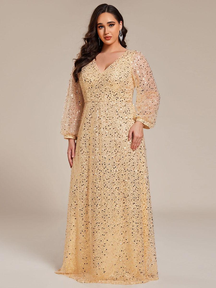 Plus Size V-Neck Lantern Long Sleeve Sequin A-Line Evening Dress