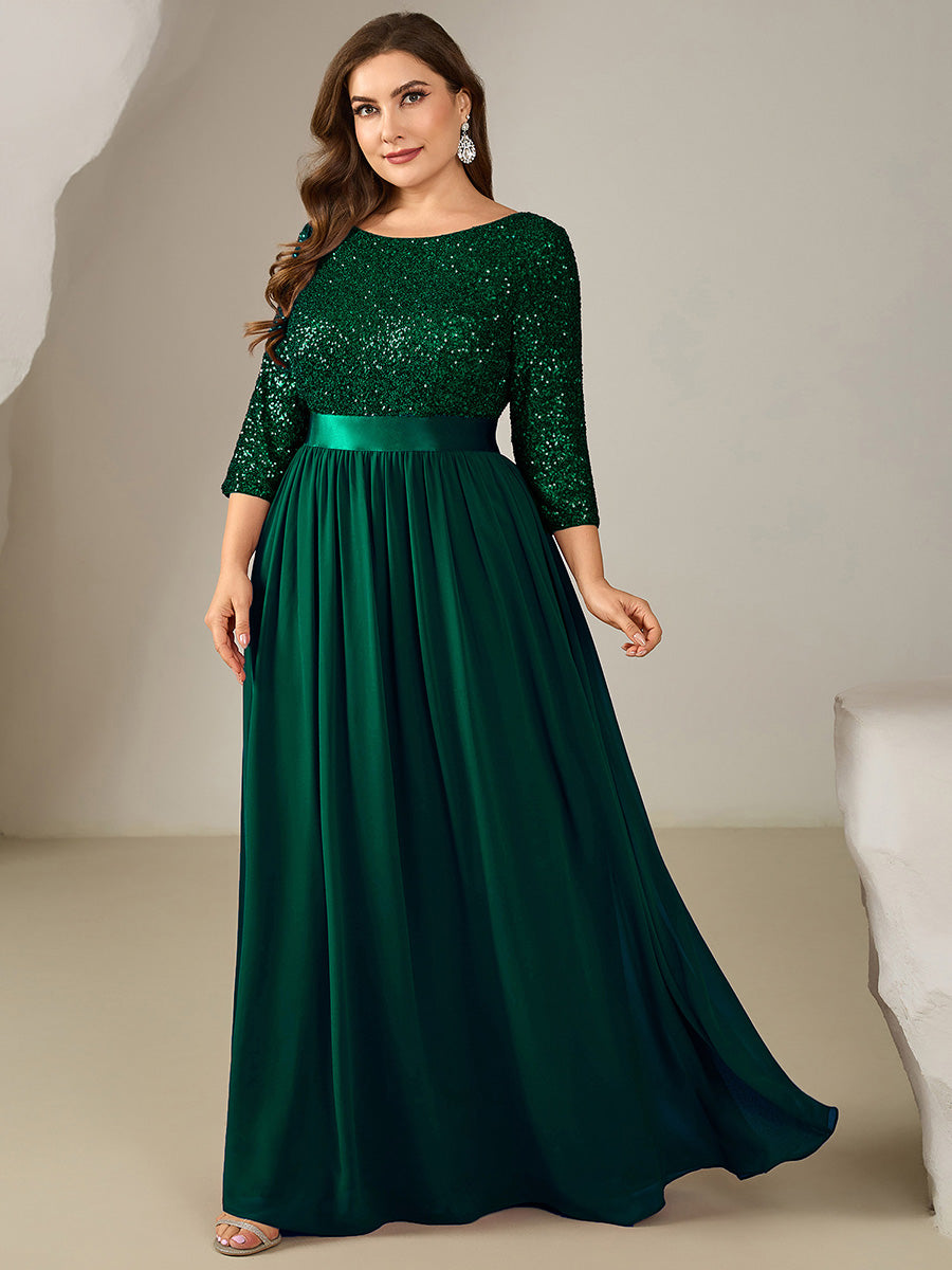 Plus Size  Sequin 3/4 Sleeves Evening Dress