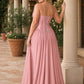 Scarvelle Plus Size Satin Prom Dress with Basque Waist and Pearl Corset