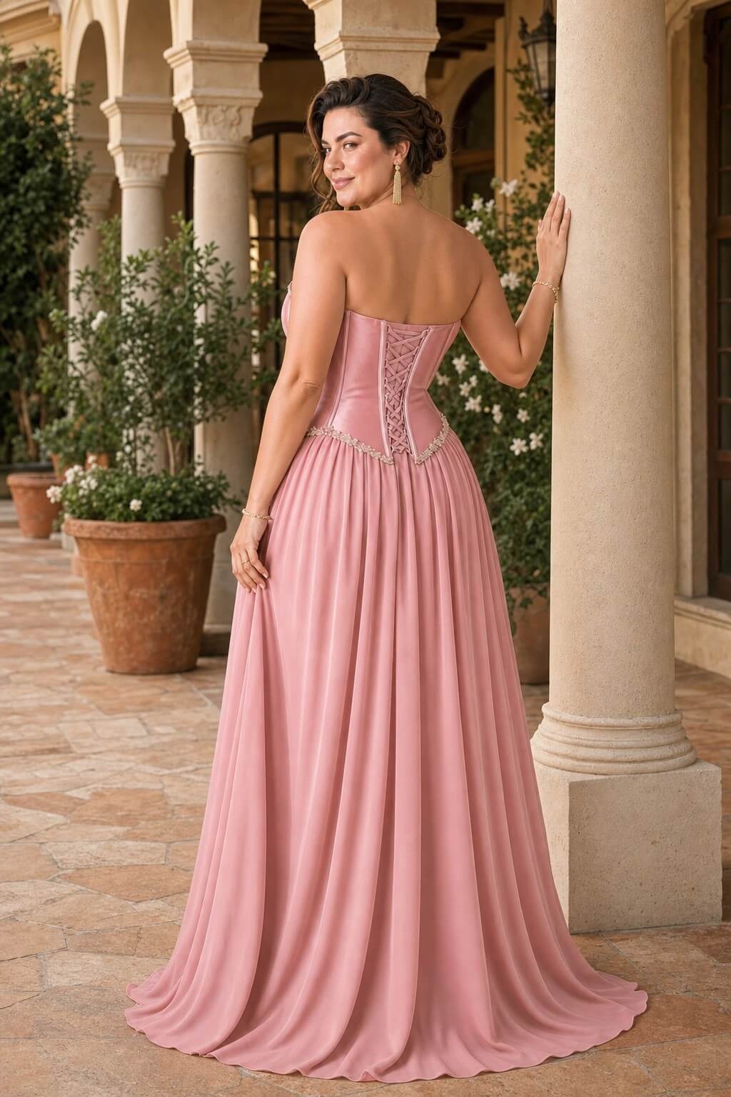 Scarvelle Plus Size Satin Prom Dress with Basque Waist and Pearl Corset