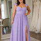 Plus Size A-Line Bridesmaid Dress with Floral Burnout Fabric Ruched Bodice and Slit Detail