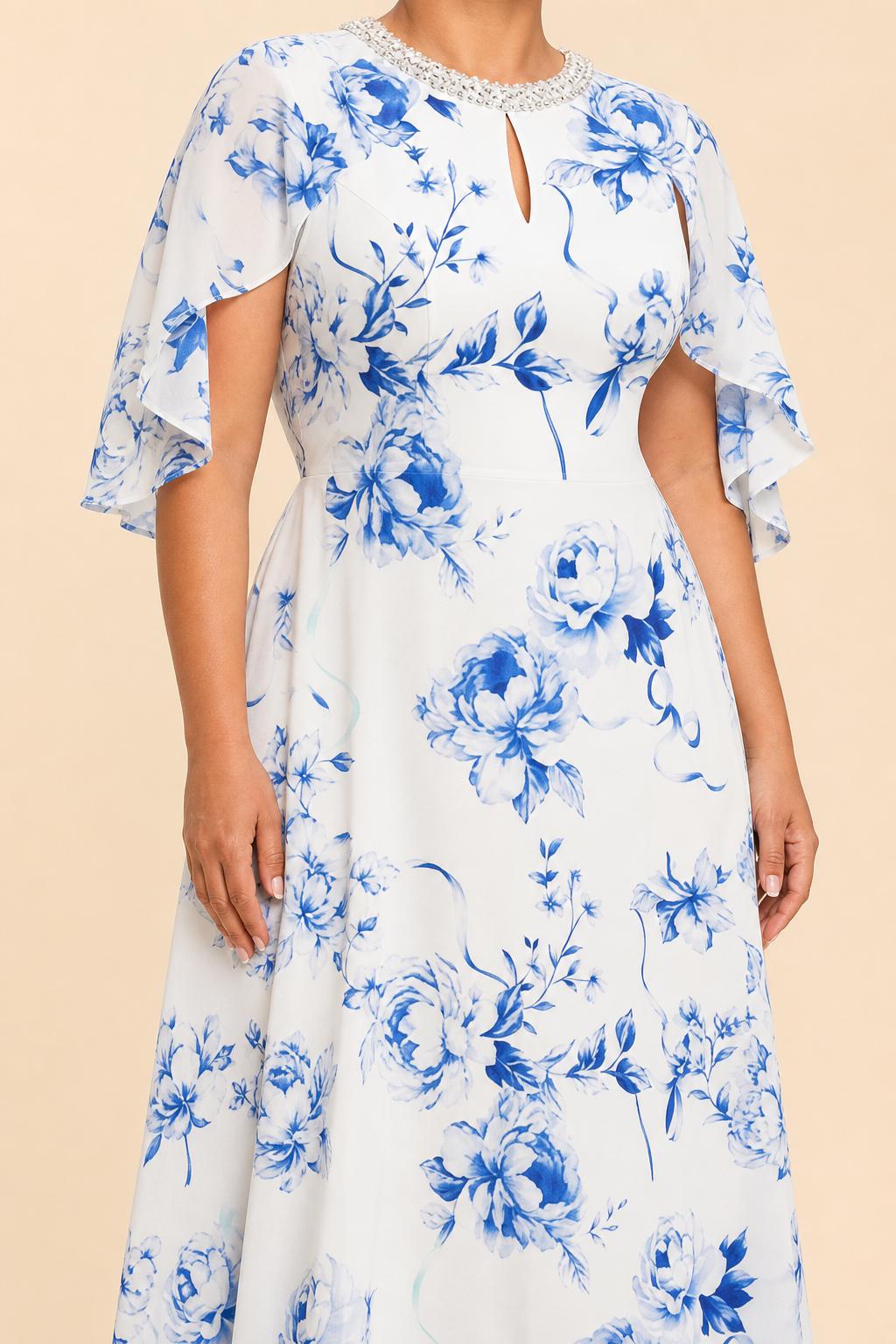 Plus Size Mother of the Bride Dress with Floral Print and Rhinestone Trim