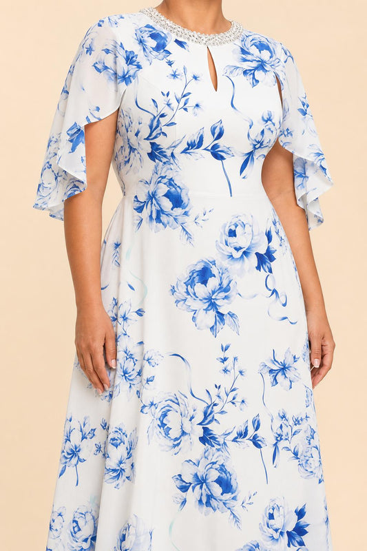 Plus Size Mother of the Bride Dress with Floral Print and Rhinestone Trim
