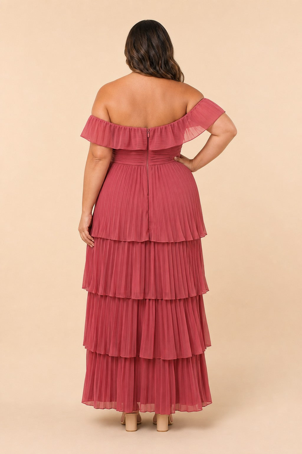 Elegant A Line Maxi Bridesmaid Dress Pleated Tiered Off Shoulder Design
