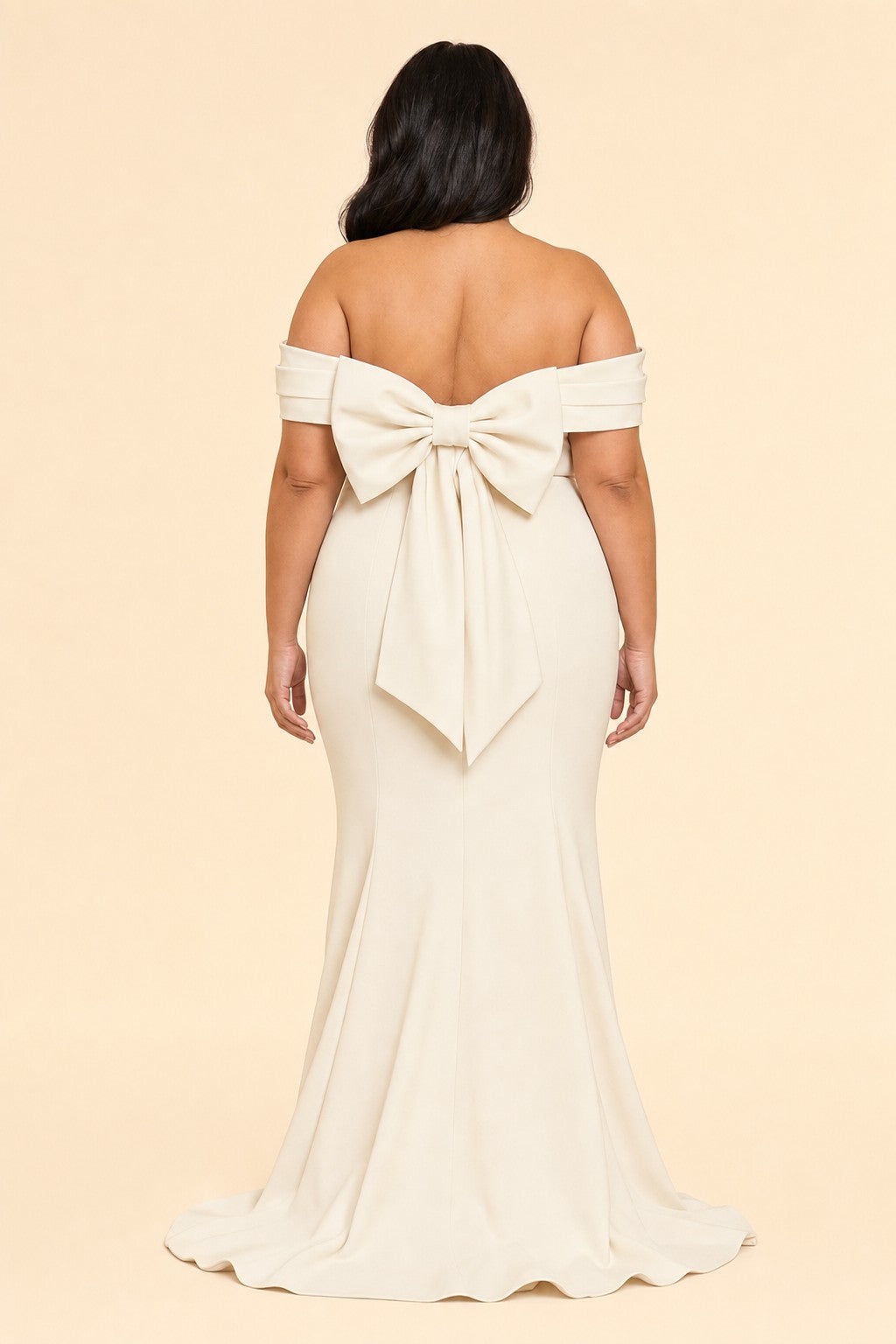 Plus Size Off Shoulder Ruched Bridesmaid Dress with Statement Back Bow