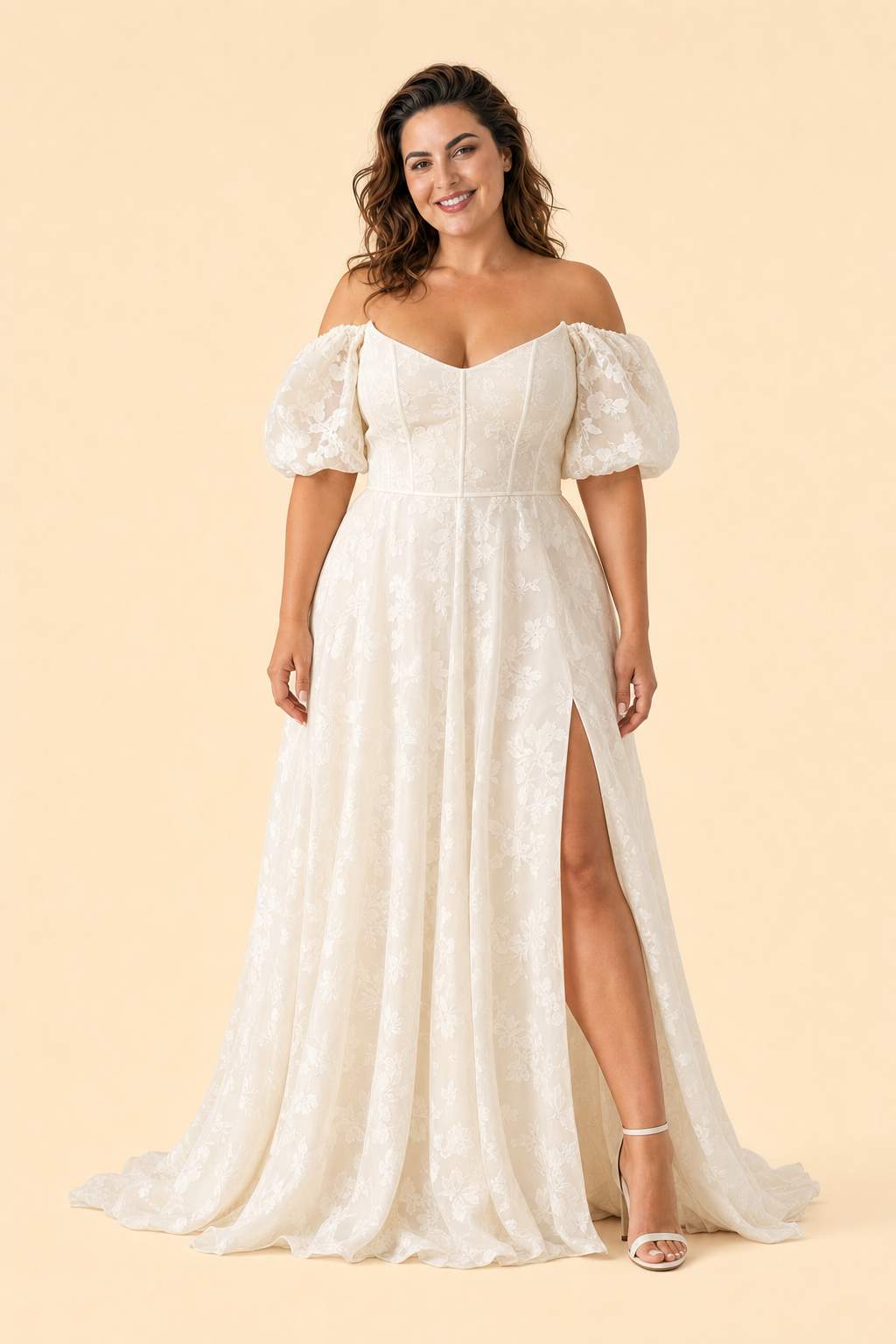 Plus Size Floral Burnout A-Line Wedding Dress with Slit and Off Shoulder Neckline