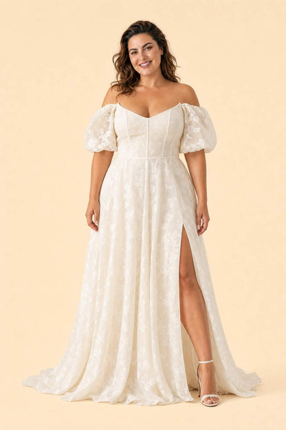 Plus Size Floral Burnout A-Line Wedding Dress with Slit and Off Shoulder Neckline
