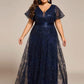 Plus Size Illusion Sequin V-neck Short Sleeve Maxi Formal Dress