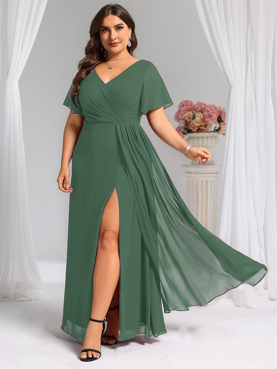 Plus Size High Slit V-Neck Empire Waist Chiffon Bridesmaid Dress