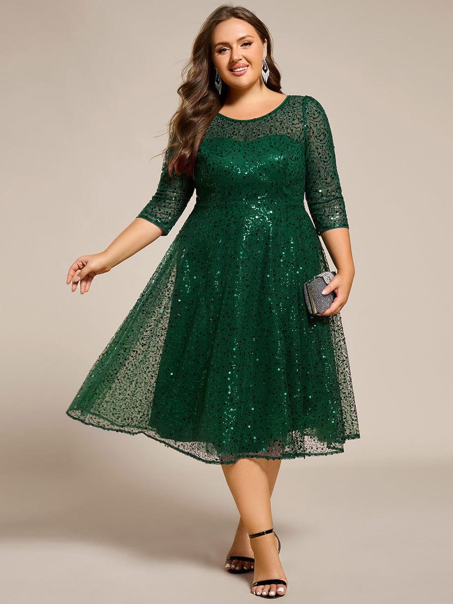 Plus Size 3/4 Sleeve Midi Round Neck A-Line Sequin Wedding Guest Dress