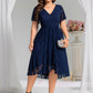 Plus Size Short Sleeves V-Neck A-Line Lace Midi Wedding Guest Dress