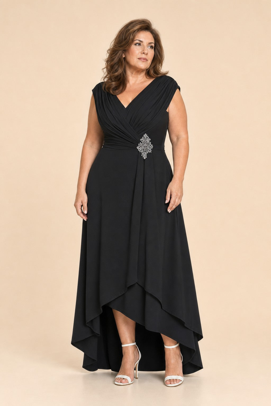 Plus Size Mother of the Chiffon Evening Gown with Cross Pleating and Rhinestone Waist Detail