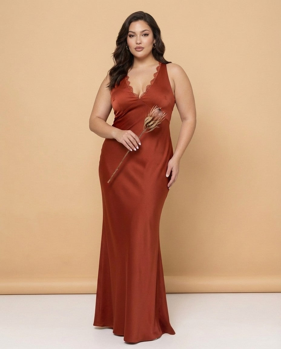 Silvarelle Romantic Sheath Stretch Satin Plus Size Bridesmaid Dress with V-Neck for Weddings - N0361