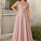 Plus Size Backless A-Line Formal Gown with Floral Appliqué and Satin Skirt