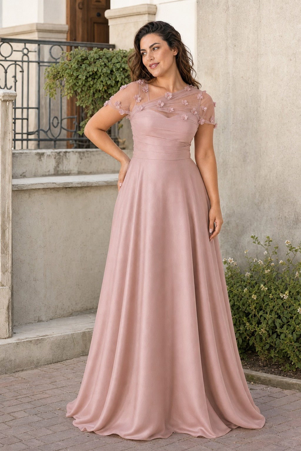 Plus Size Backless A-Line Formal Gown with Floral Appliqué and Satin Skirt