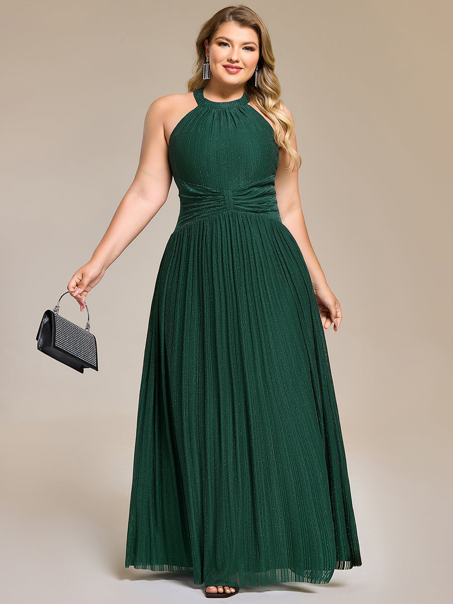 Plus Size Glittery Halter Neck Pleated Formal Evening Dress