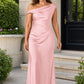 Floor Length Stretch Satin Bridesmaid Gown with Asymmetrical Neckline