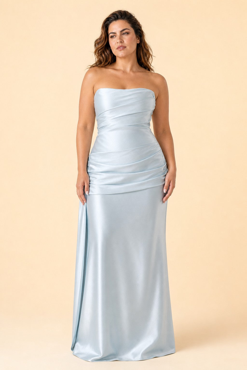 Plus Size Strapless Bridesmaid Dress Ruched Maxi Dress with Draped Waist Tie Elegant Gown