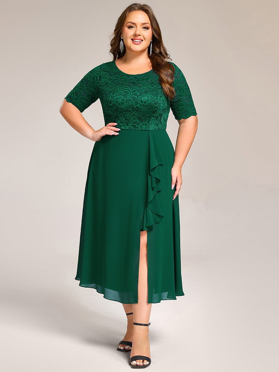 Plus Size Lace Top Short Sleeve A-Line Split Round Neck Formal Dress