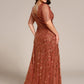 Plus Size Short Sleeves Sequin High Low V-Neck Midi Formal Evening Dress