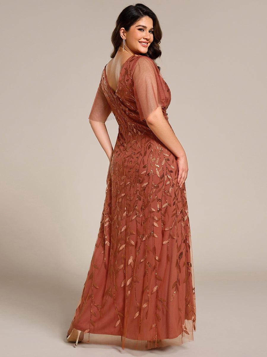 Plus Size Short Sleeves Sequin High Low V-Neck Midi Formal Evening Dress
