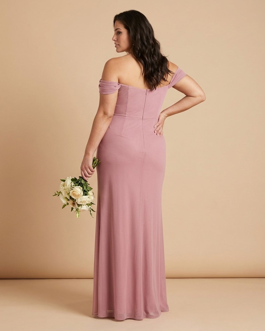 Elanthia Plus Size Romantic Sheath Bridesmaid Dress with Off Shoulder for Wedding -N0347