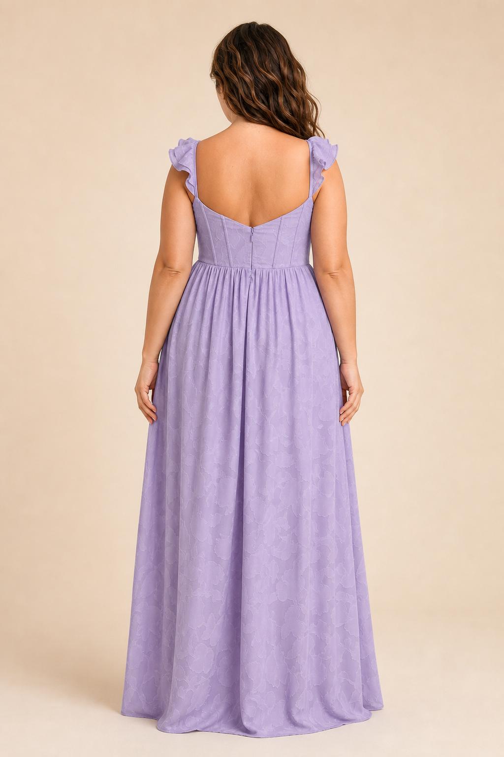 Plus Size A-Line Bridesmaid Dress with Floral Burnout Fabric Ruched Bodice and Slit Detail