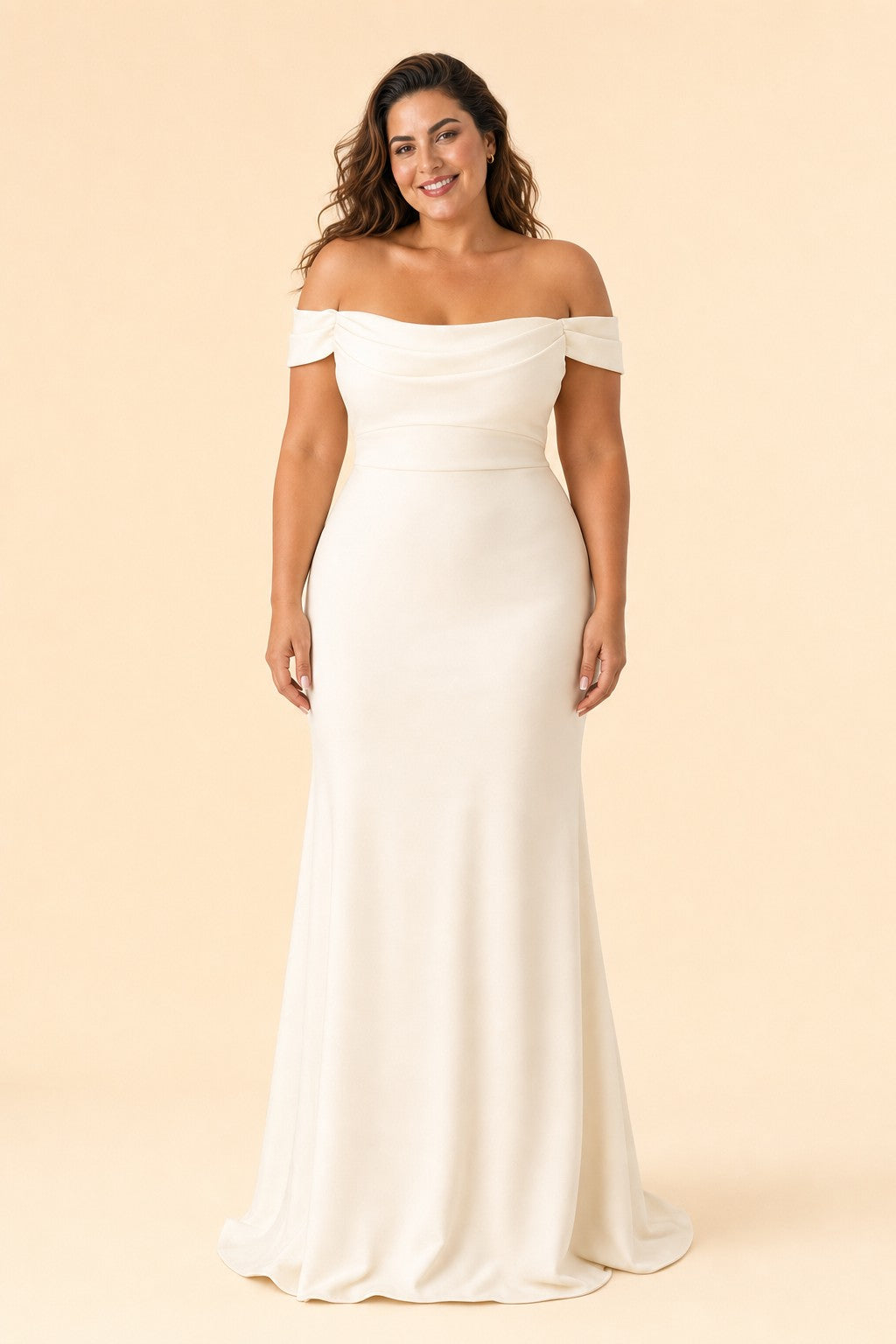 Plus Size Off Shoulder Ruched Bridesmaid Dress with Statement Back Bow