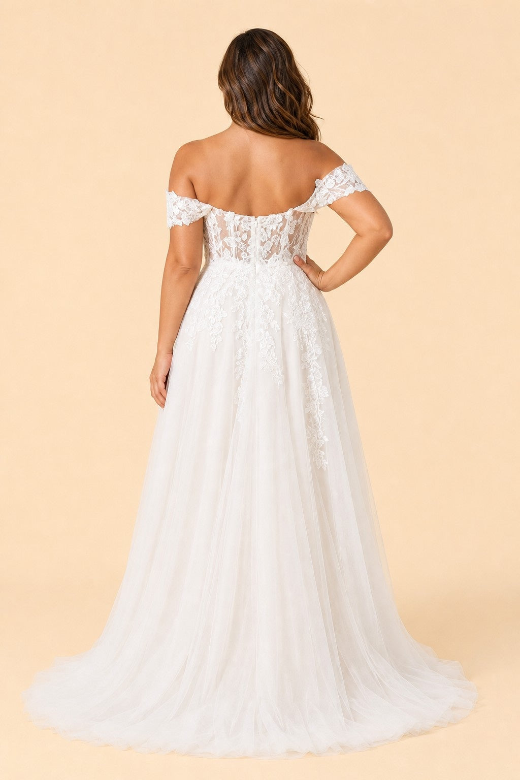 Romantic Off Shoulder Plus Size Wedding Dress Sheer Lace Appliqué A-Line Slit