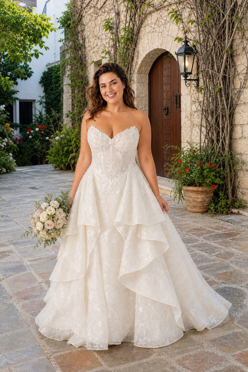 Plus Size Elegant A-Line Wedding Dress with Basque Waist and Floral Lace Details