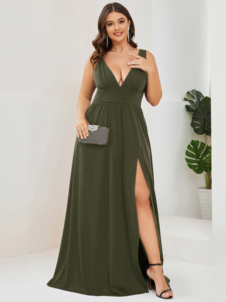 Plus Size Sleeveless V-Neck Empire Waist High Slit Floor-Length Evening Dress