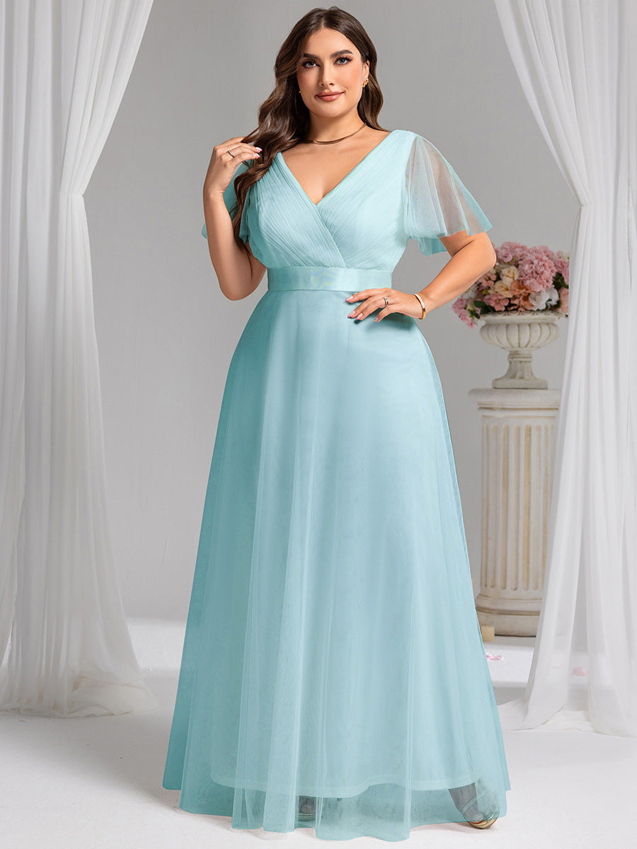 Women's Floor-Length Plus Size Formal Bridesmaid Dress with Short Sleeve