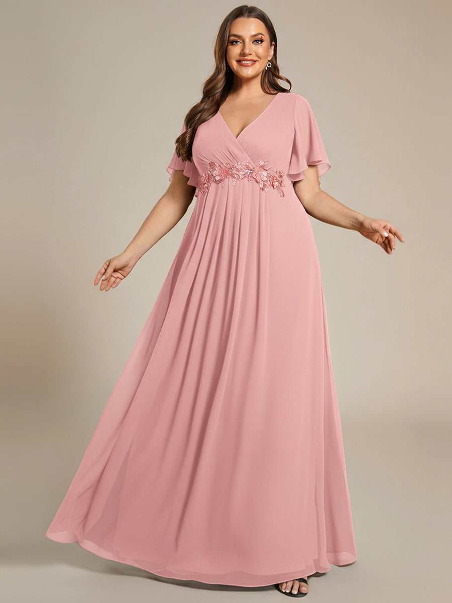 Plus Size Floral Applique Short Sleeve A-Line Chiffon Formal Evening Dress
