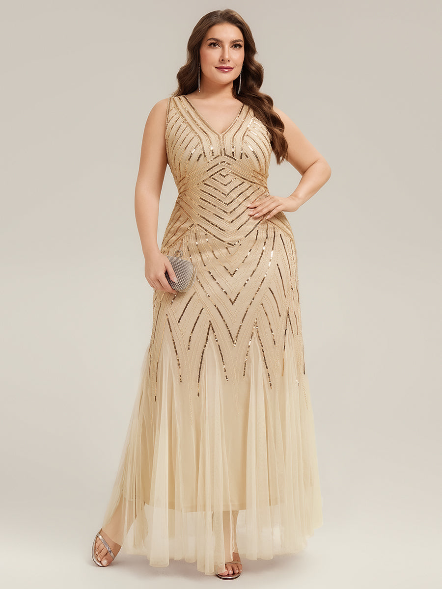 Plus Size Deep V-Neck Bead Embroidery Evening Dress