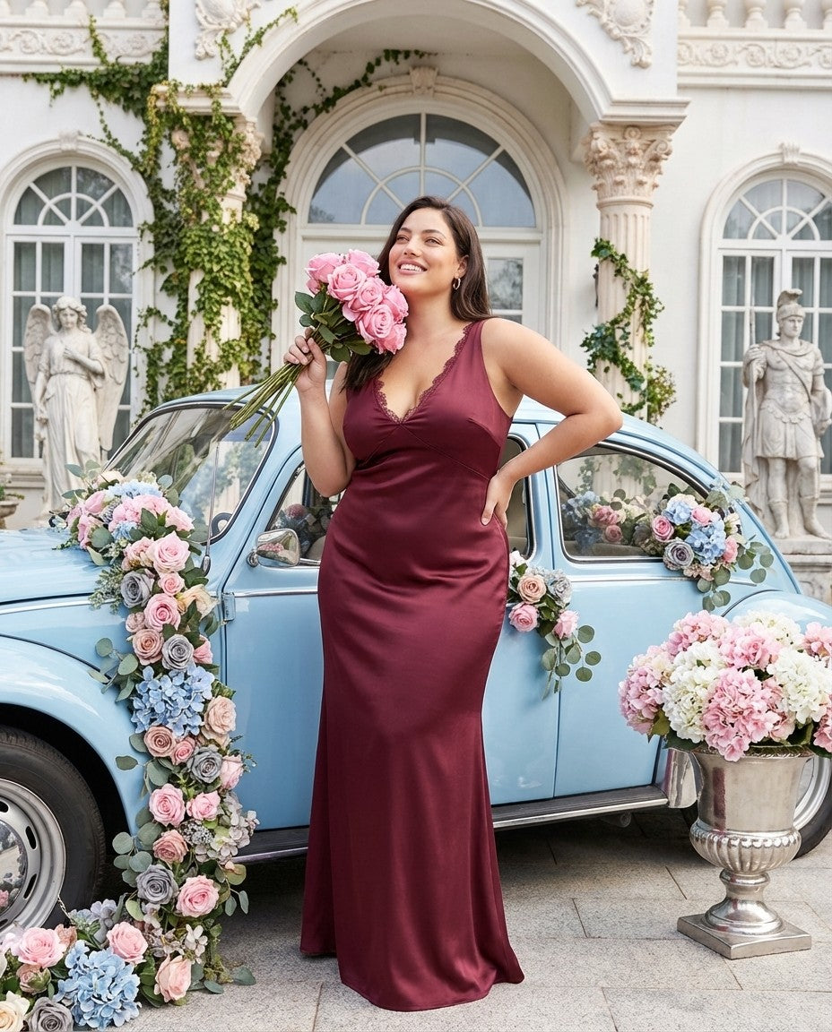 Silvarelle Plus Size Flowy Feminine Evening Gown, Straight Back Sheath Dress for Wedding Engagement Parties -N0360