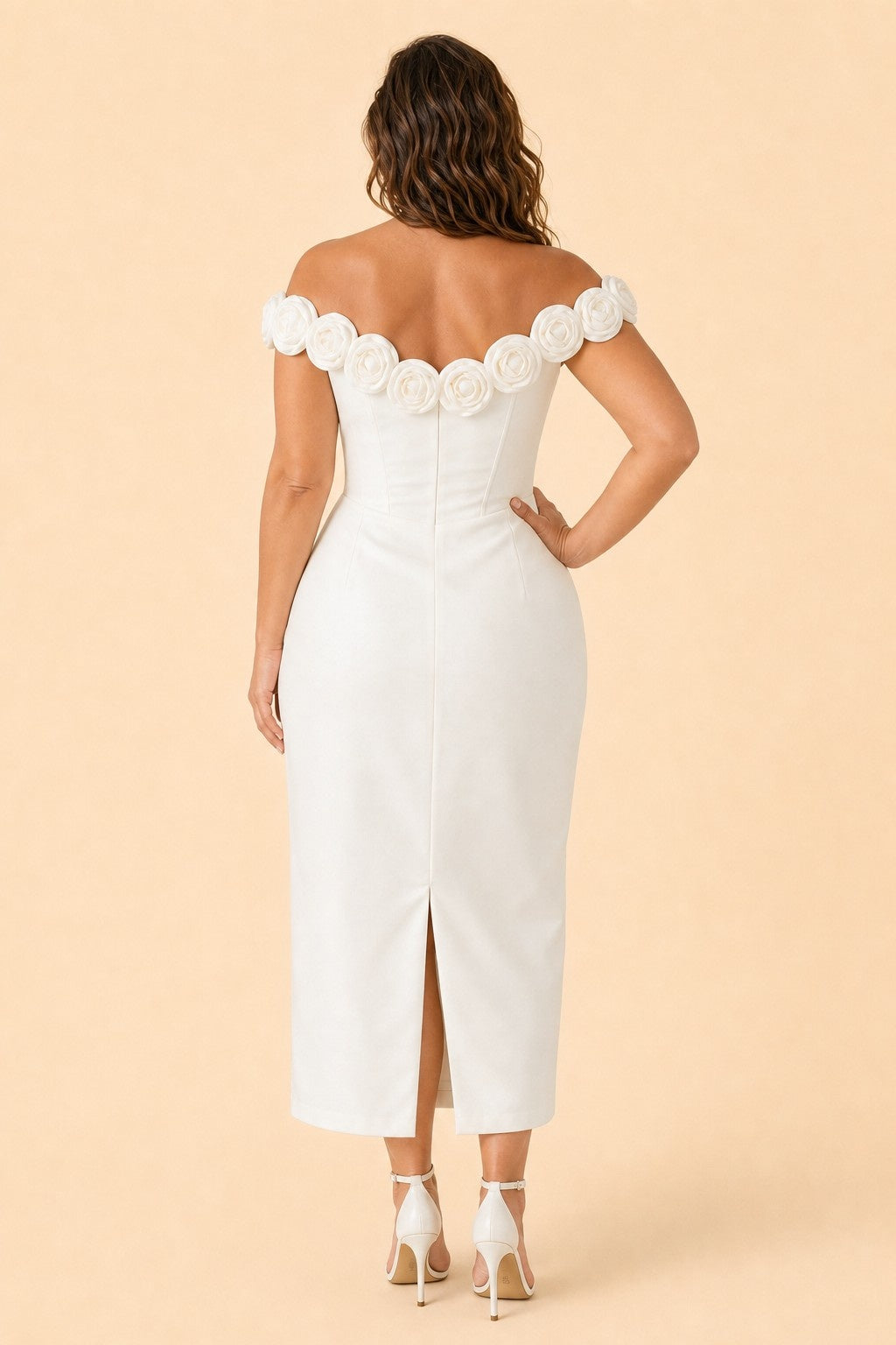 Plus Size Off Shoulder Wedding Dress with 3D Rose Detail and Ruched Fit