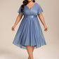 Plus Size Glitter Short Sleeve V-Neck Pleated Midi Wedding Guest Dress