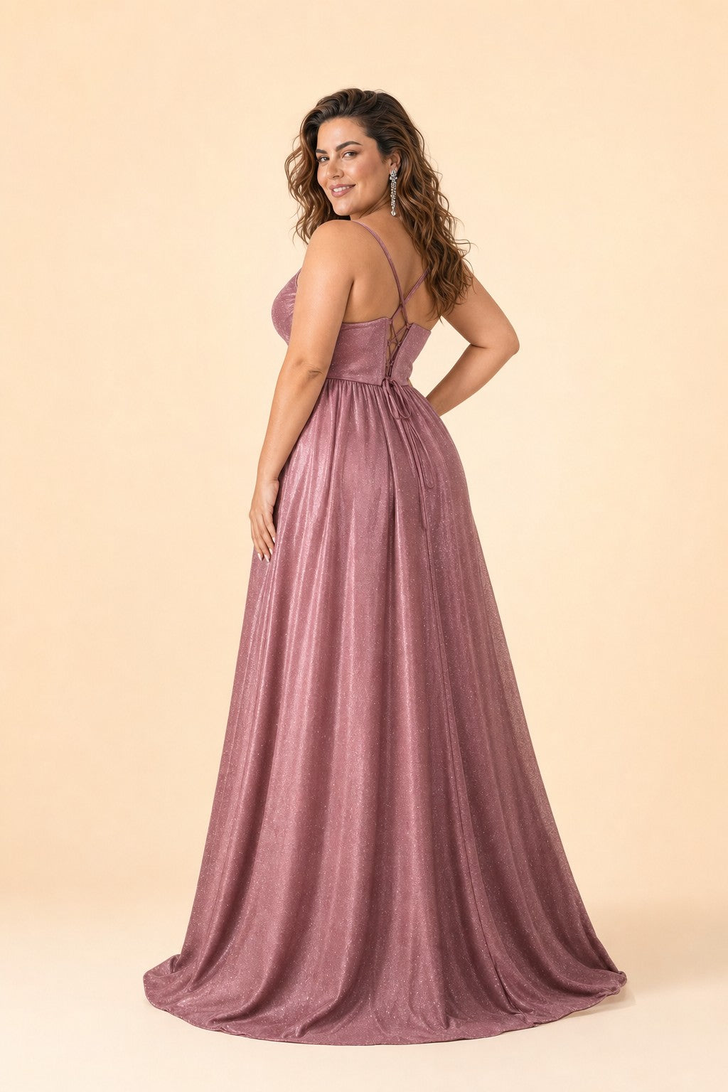 Plus Size Shimmer Bridesmaid Dress Deep V Pleated Slit A-Line Formal Evening Gown Elegant
