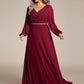 Plus Size A-Line V-Neck See-Through Long Sleeves Shiny Belt Chiffon Evening Dress