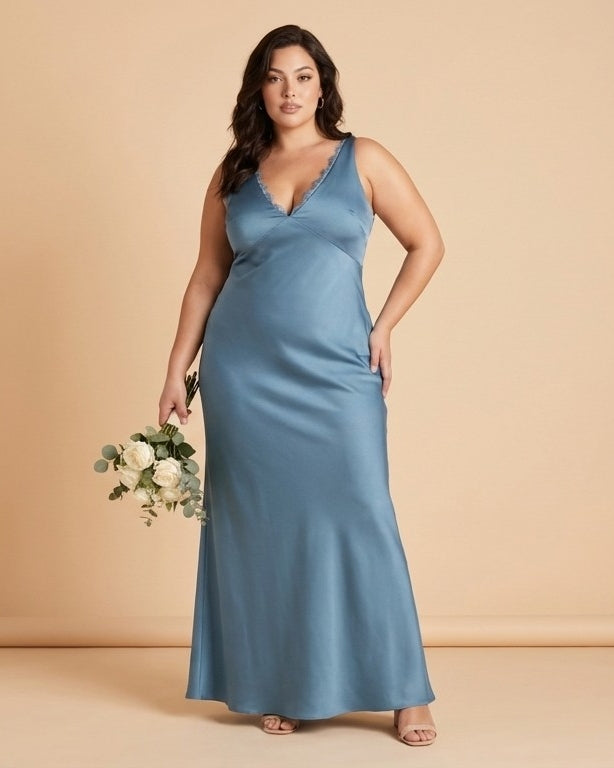Silvarelle Romantic Plus Size Sheath Satin Bridesmaid Dress with Smooth Finish for Wedding - N0358