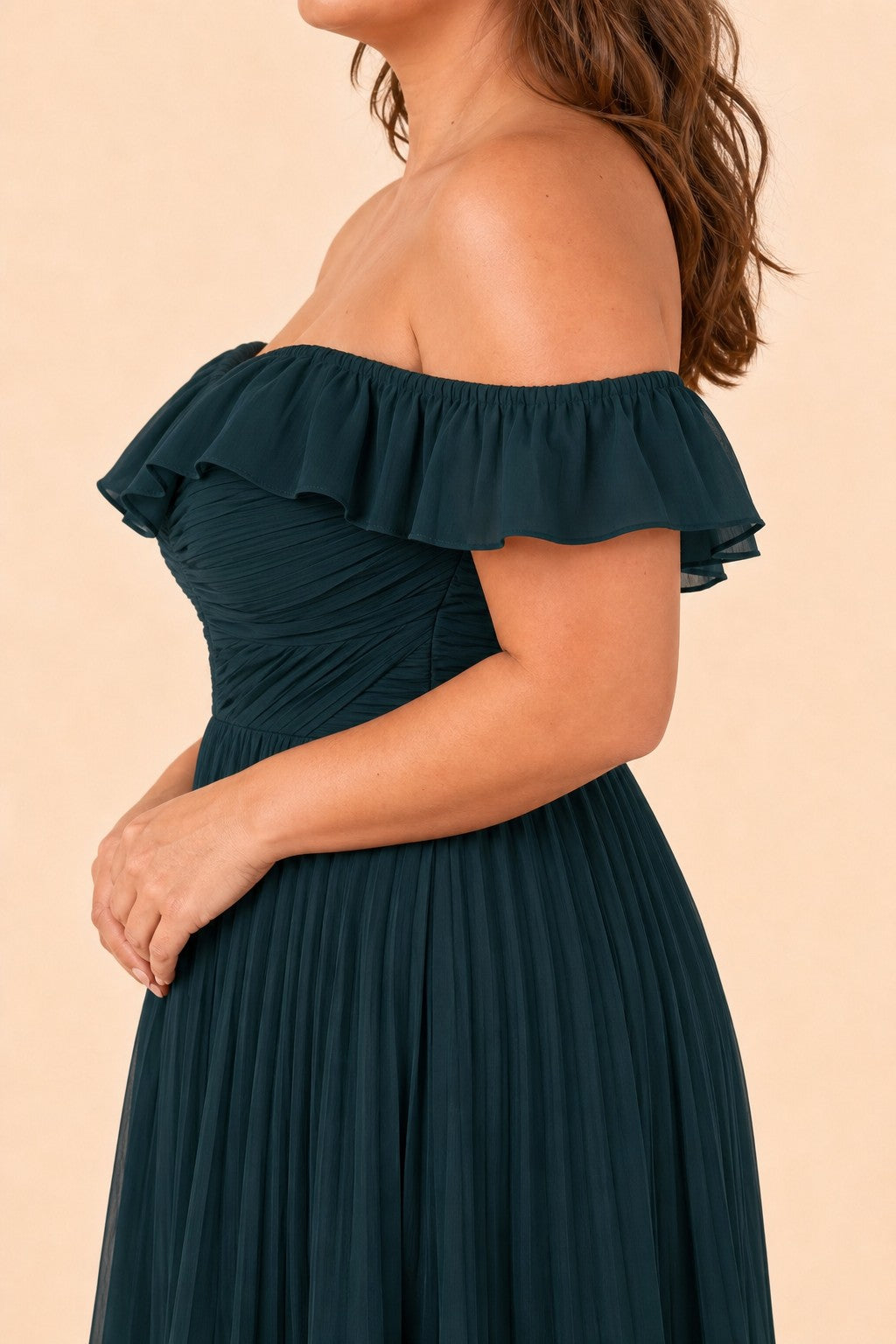 Elegant A Line Maxi Bridesmaid Dress Pleated Tiered Off Shoulder Design