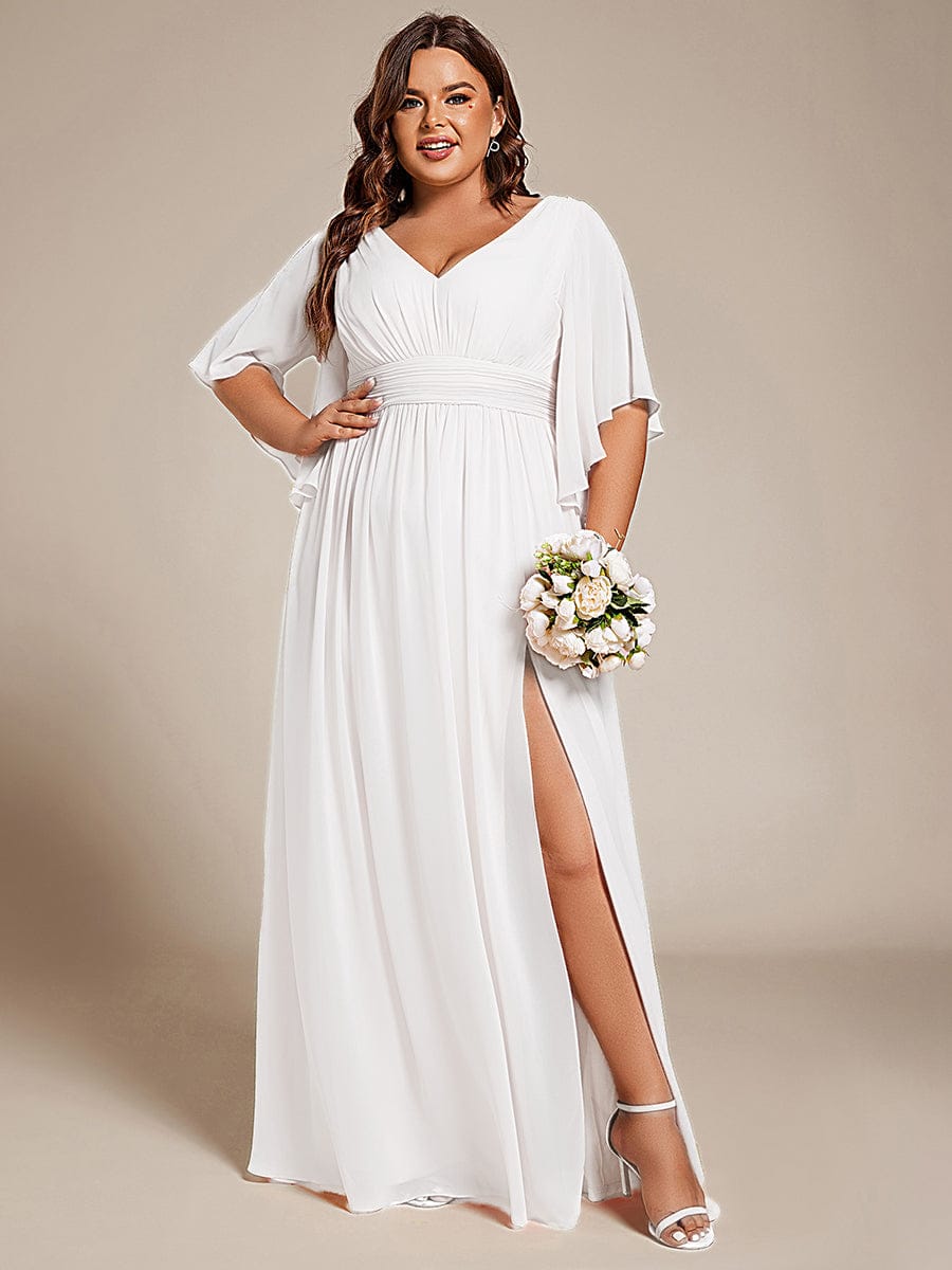 Plus Size Half Sleeve Pleated A-Line V-Neck Chiffon Bridesmaid Dress