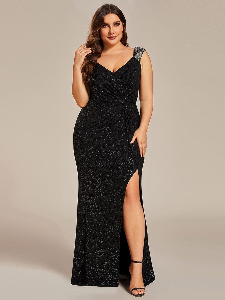 Plus Size Sequin Shoulder Strap Wedding Guest Dress with Side Slit