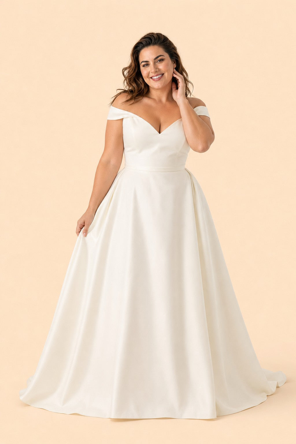 Romantic Off Shoulder Satin Wedding Dress Plus Size with Hidden Pockets