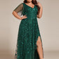 Plus Size Short Sleeves Sequin High Low V-Neck Midi Formal Evening Dress