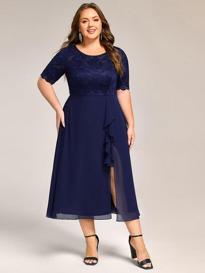 Plus Size Lace Top Short Sleeve A-Line Split Round Neck Formal Dress
