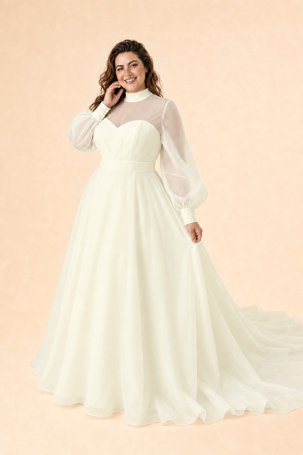 Minimalist Plus Size Wedding Gown with Sheer Long Sleeves