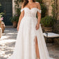 Romantic Off Shoulder Plus Size Wedding Dress Sheer Lace Appliqué A-Line Slit