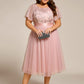 Plus Size Round Neckline Embellished Tulle Midi Bridesmaid Dress